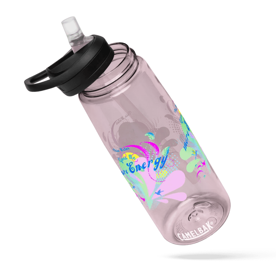 Camelback water bottle with beautiful swirly pink and green water drop splash and drops design featuring ' This water gives me Energy