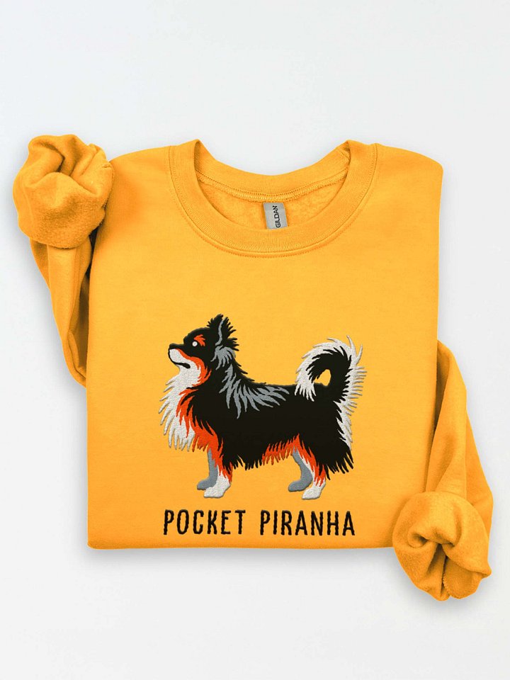 Pocket Piranha Sweatshirt (Embroidered) of a Longhaired Chihuahua(Tricolor) product image (1)