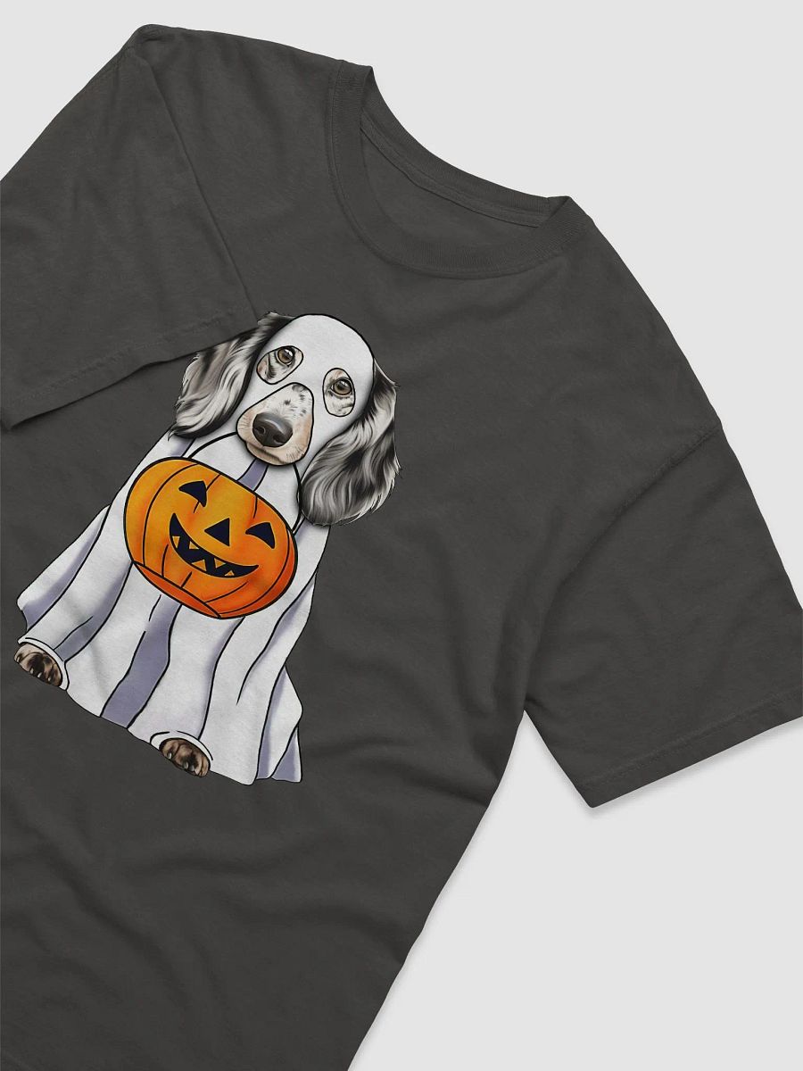 Dachshund(Dapple) Halloween Tee | Funny Halloween Wiener/Doxie Wearing a Ghost Costume with Pumpkin Basket product image (8)