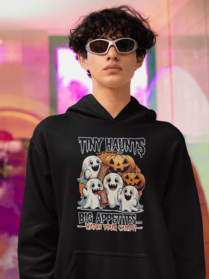 Tiny Haunted Bites: Cute Ghost Squad Guarding Halloween Unisex Hoodie product image (1)