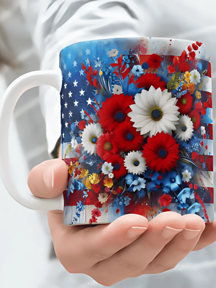 4th of July Mug Wrap PNG – Patriotic American Flag & Sunflowers Sublimation Design for 11oz & 15oz Mugs – Floral Independence Day Theme – 300 DPI Instant Download product image (1)