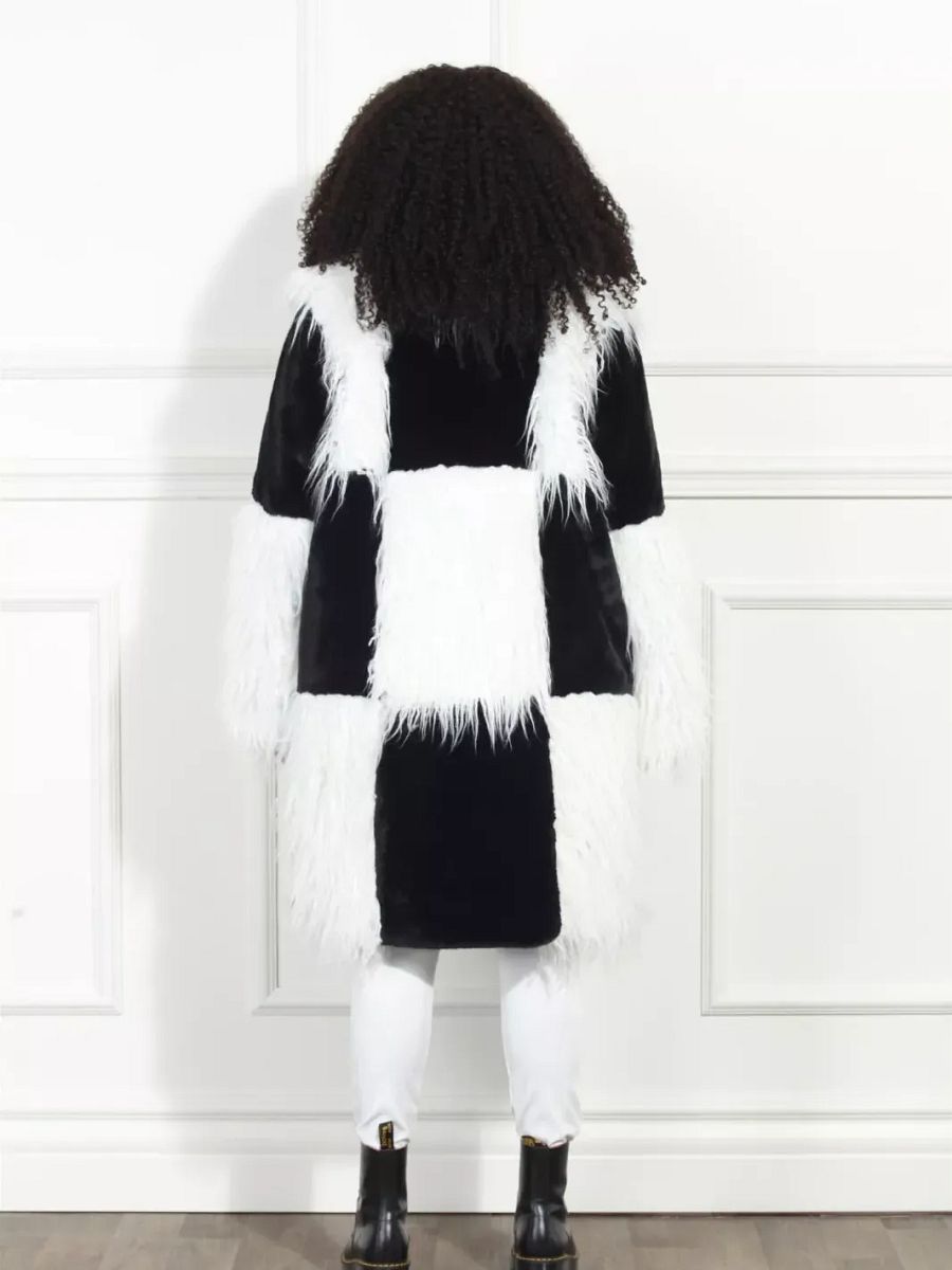 Luxe Moda Coat Faux Fur Black and White Checkered Print Coat product image (2)