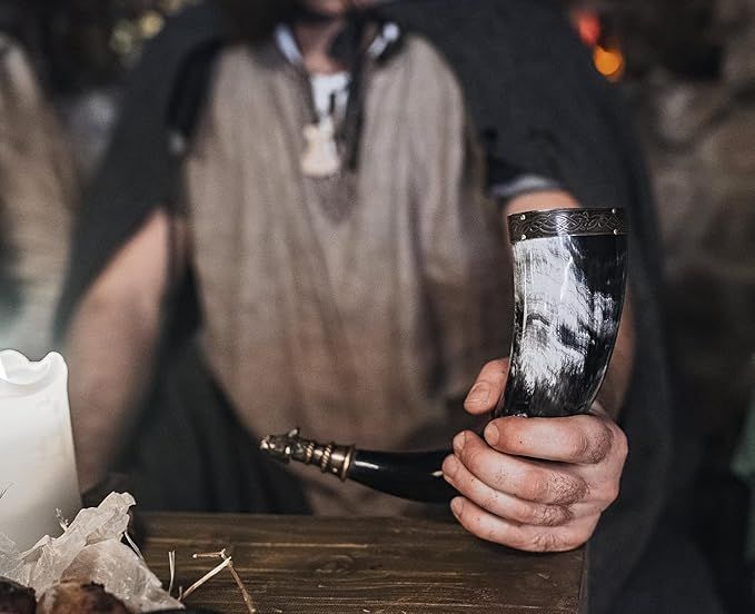 Genuine 30 cm Ox-Horn Viking Drinking Horn with Horn Stand & Brass Wolf Adornments product image (2)