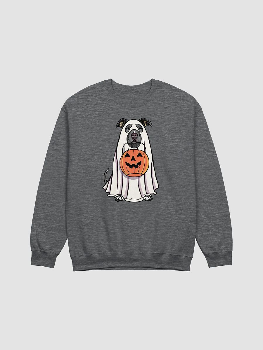 Funny Halloween Pitbull Terrier(Blue) Sweatshirt | Funny Pittie Wearing a Ghost Costume and Holding a Pumpkin Basket product image (7)