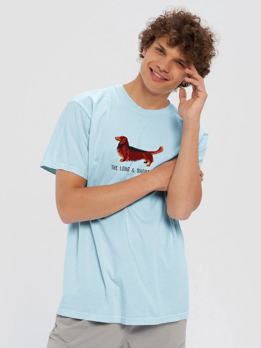 The Long & Short of It T-Shirt(Embroidered) of a Longhaired Dachshund(Red & Tan) product image (45)