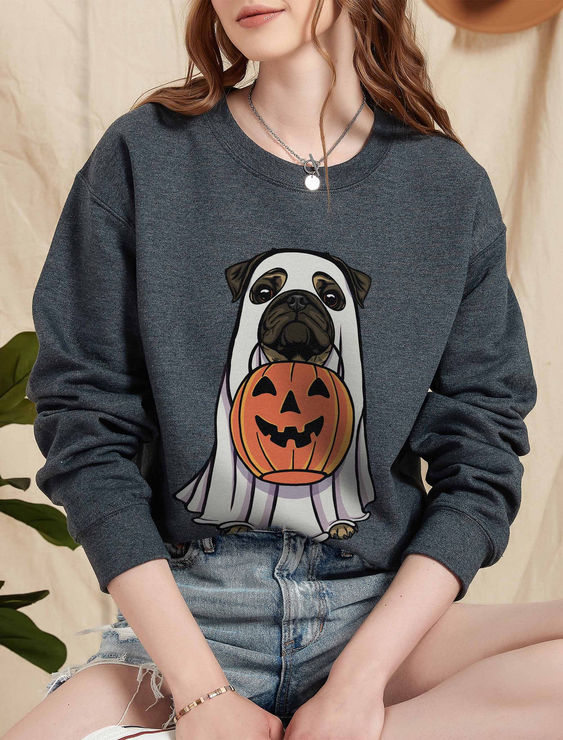 Funny Halloween Pug T-Shirt | Funny Dog Wearing a Ghost Costume and Holding a Pumpkin Basket product image (5)