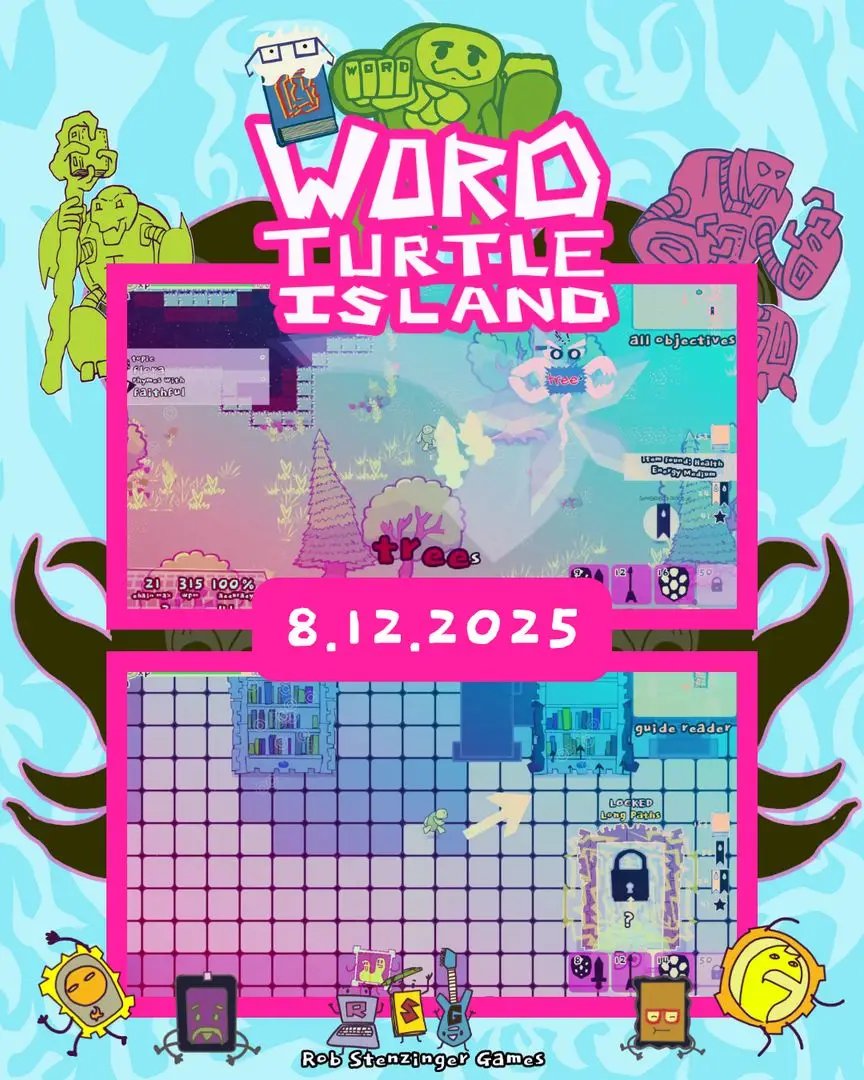 A postcard style design mini-poster, showing the official launch day of Word Turtle Island! It's coming soon, please wishlist, bookmark, pick it up for you or any book loving video game playing friend on Tuesday the 12th. Launch price of only 6.99! Makes me want to re-map this post to the old Atari-rap commercial when they relaunched the 2600 for a discount 