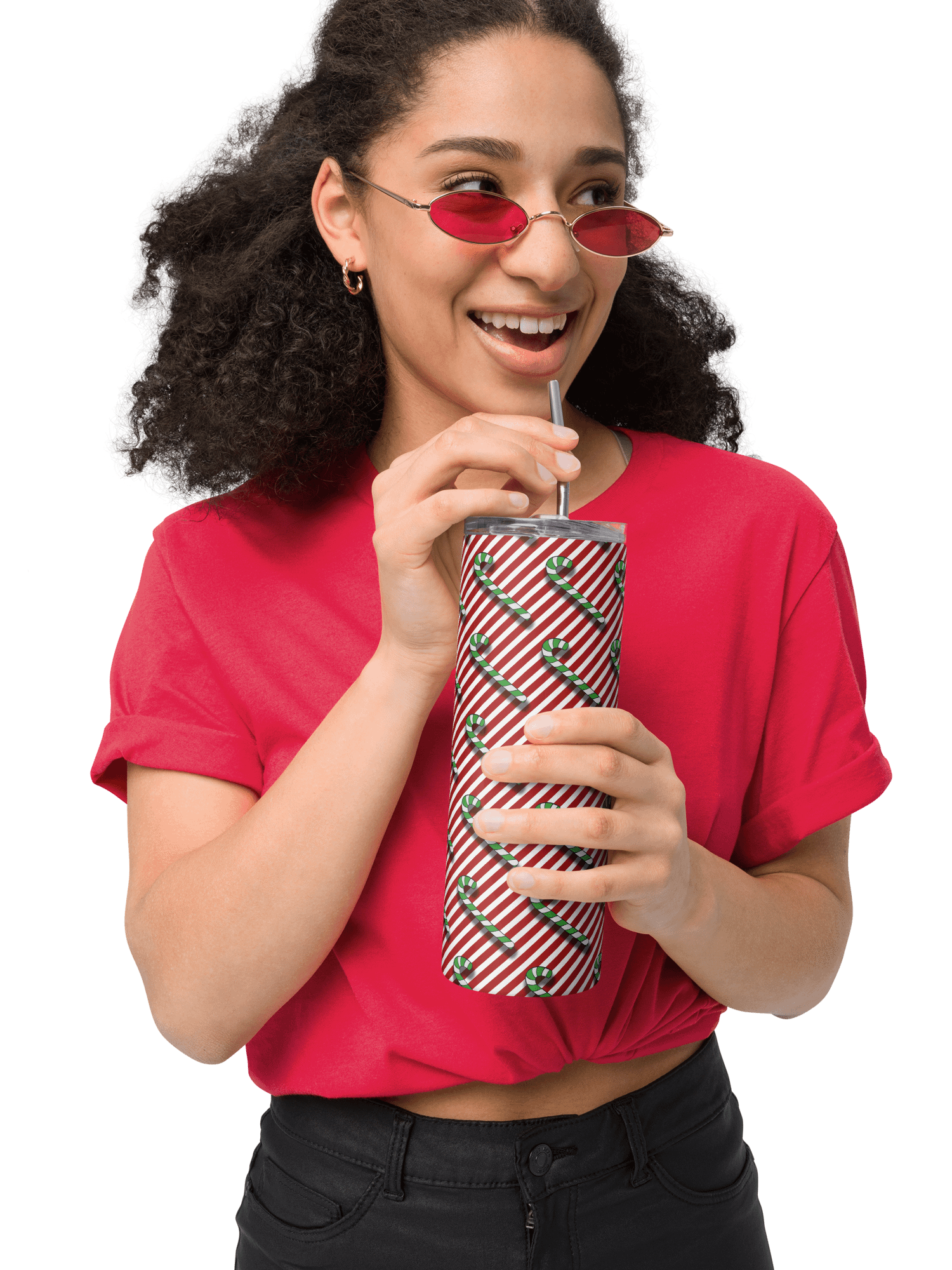 Green Candy Canes on Red Stipe Stainless Steel Tumbler with Straw product image (7)