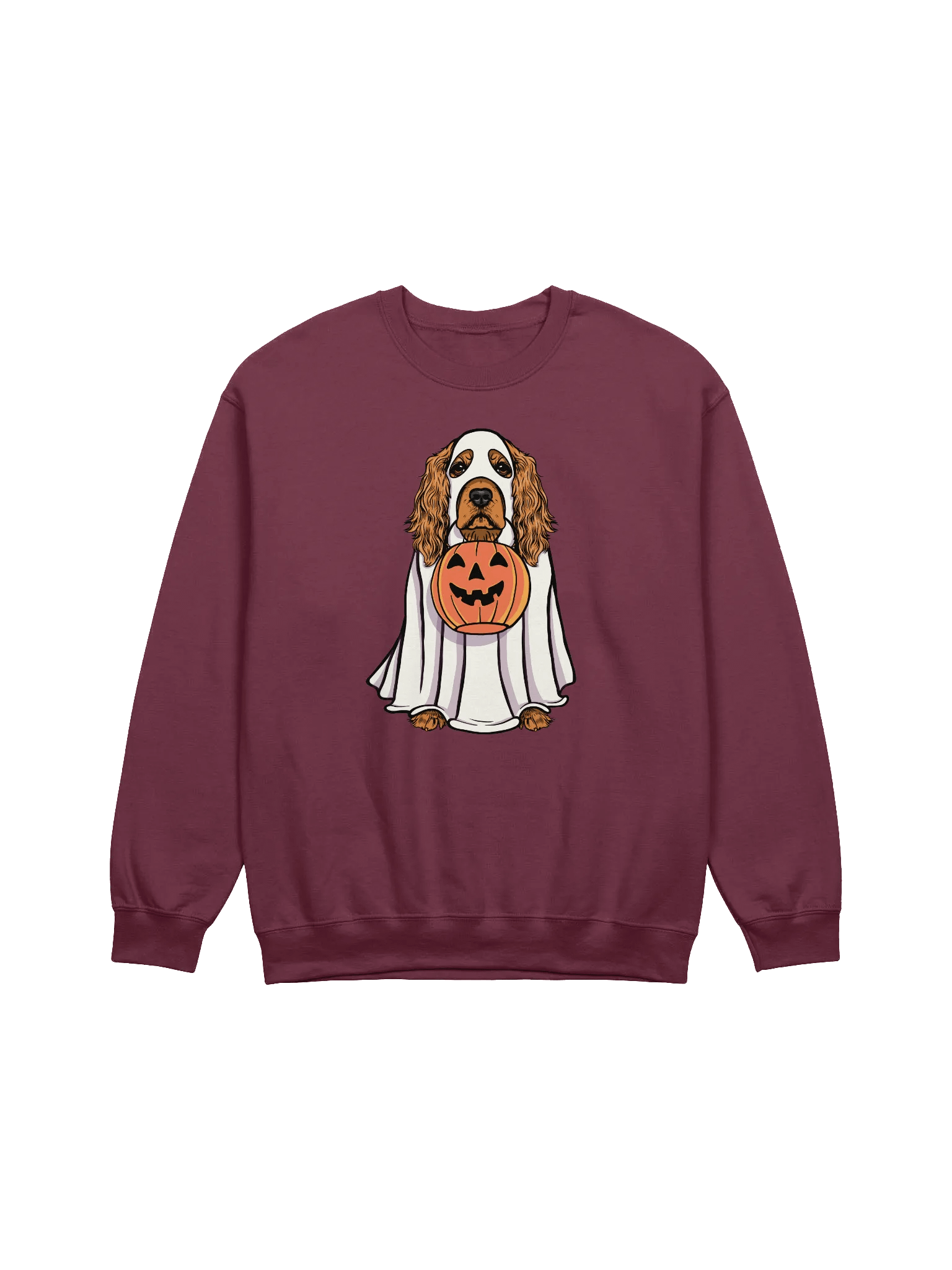 Funny Halloween Cocker Spaniel Sweatshirt | Funny Cocker Spaniel Wearing a Ghost Costume and Holding a Pumpkin Basket product image (12)