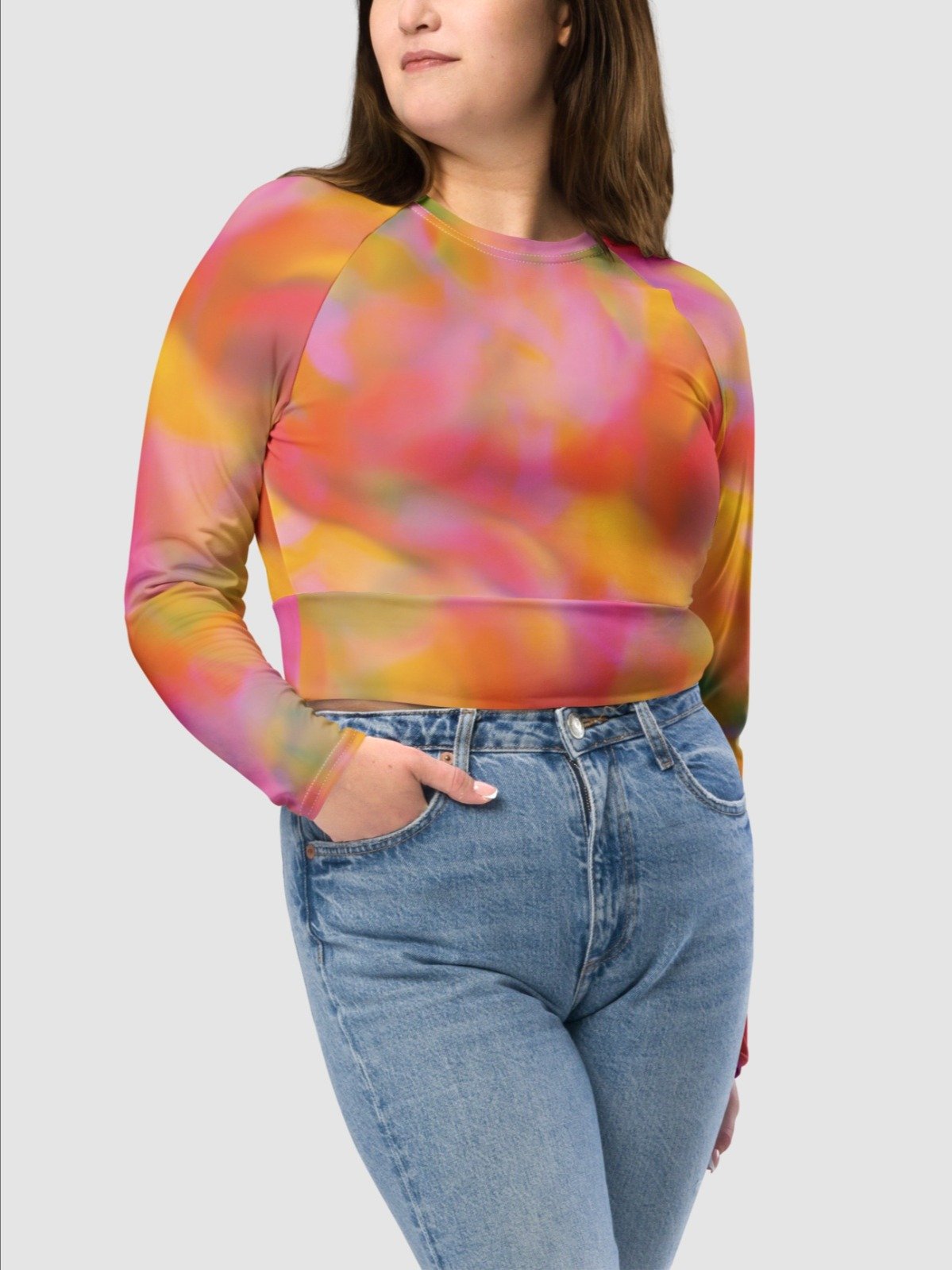 Recycled long-sleeve crop top "Sweet Pastel Tie Dye in Orange Light Pink" product image (5)