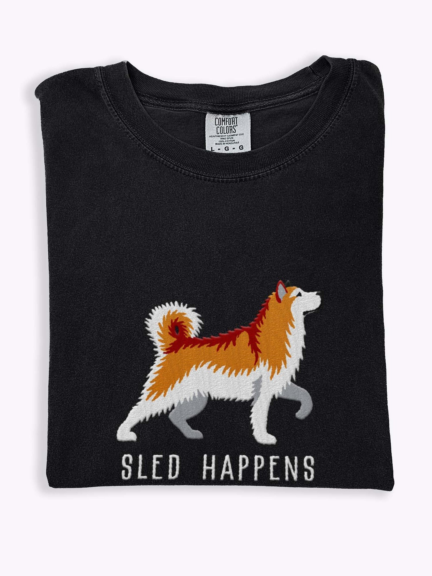 Sled Happens T-Shirt(Embroidered) of an Alaskan Malamute(Brown & White) product image (1)