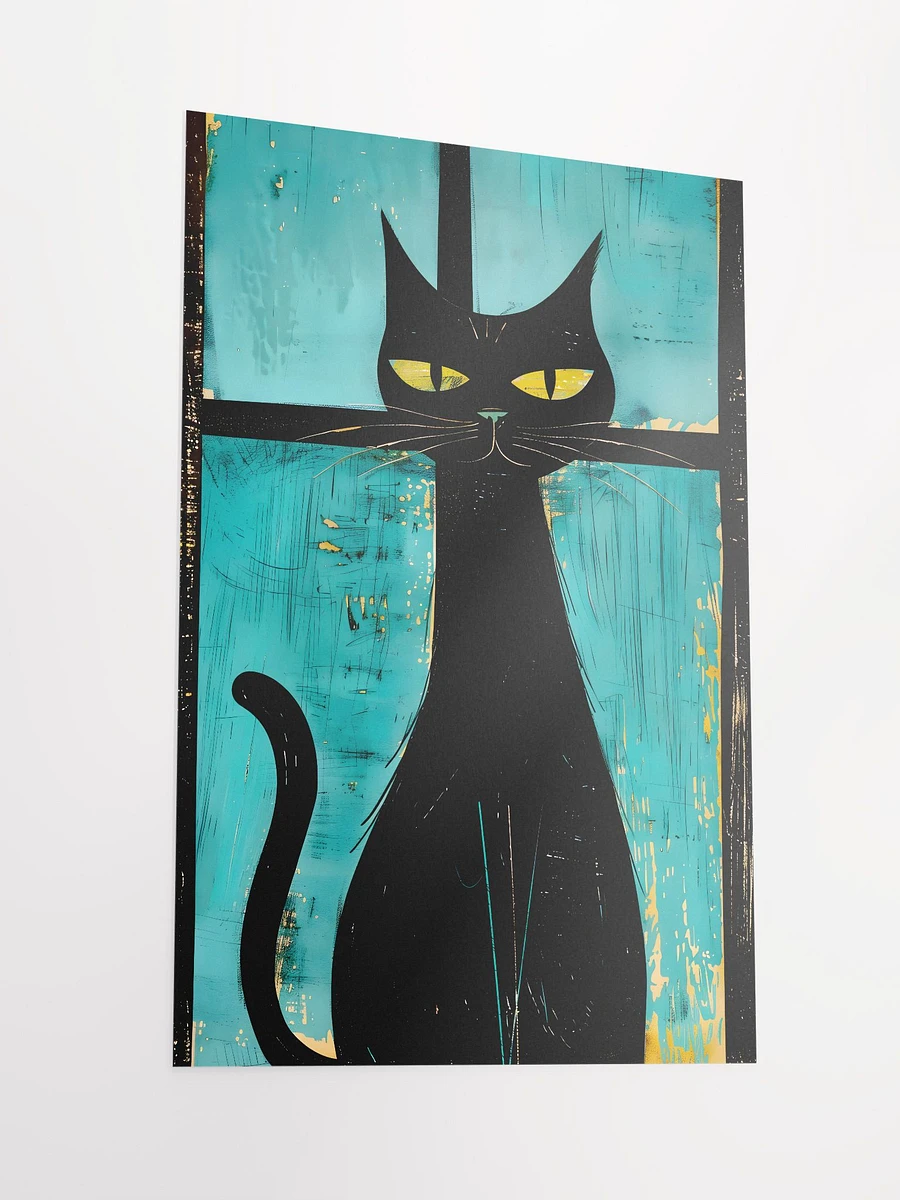 Mystic Gaze: Black Cat with Vintage Teal Background Art Matte Poster product image (4)