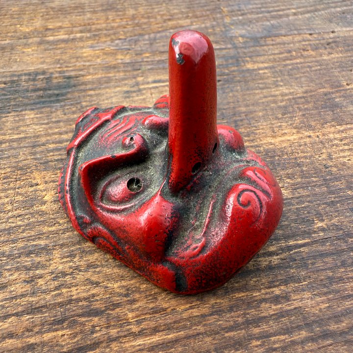 🎎 Iron Tengu Paperweight (Bunchin) – Red Cast Iron Desk Ornament – Japan Antique Roadshow product image (1)