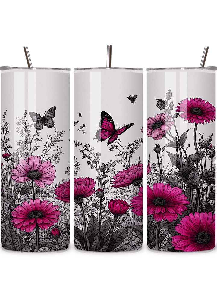 Butterfly & Floral 20oz Skinny Tumbler with Metal Straw – Pink and Black Garden Design with Flowers and Butterflies – Double-Walled Insulated Stainless Steel Tumbler, Gift for Nature Lovers product image (1)