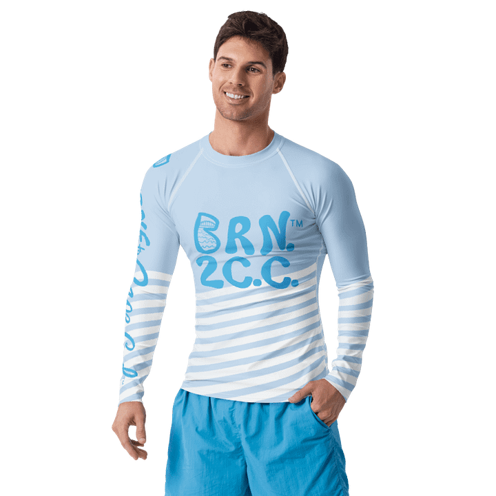 BRN.2C.C.™ /BOURNE to Cape Cod™ | Men’s Long Sleeve Rash Guard | UPF 50+ Active Coastal Shirt | Sky Blue Logos on Skyline Stirpes product image (1)