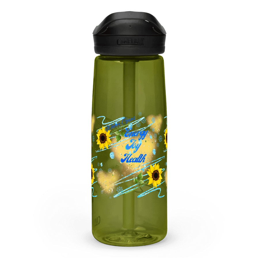 Camelback water bottle   with beautiful sunflowerr blue water drops  featuring ' This water gives Harmony in Body and Mind