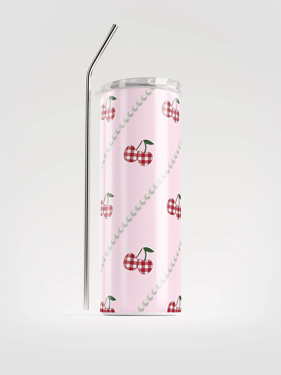 Pink Gingham Cherry Stainless Steel Tumbler With Pearl Accents product image (1)
