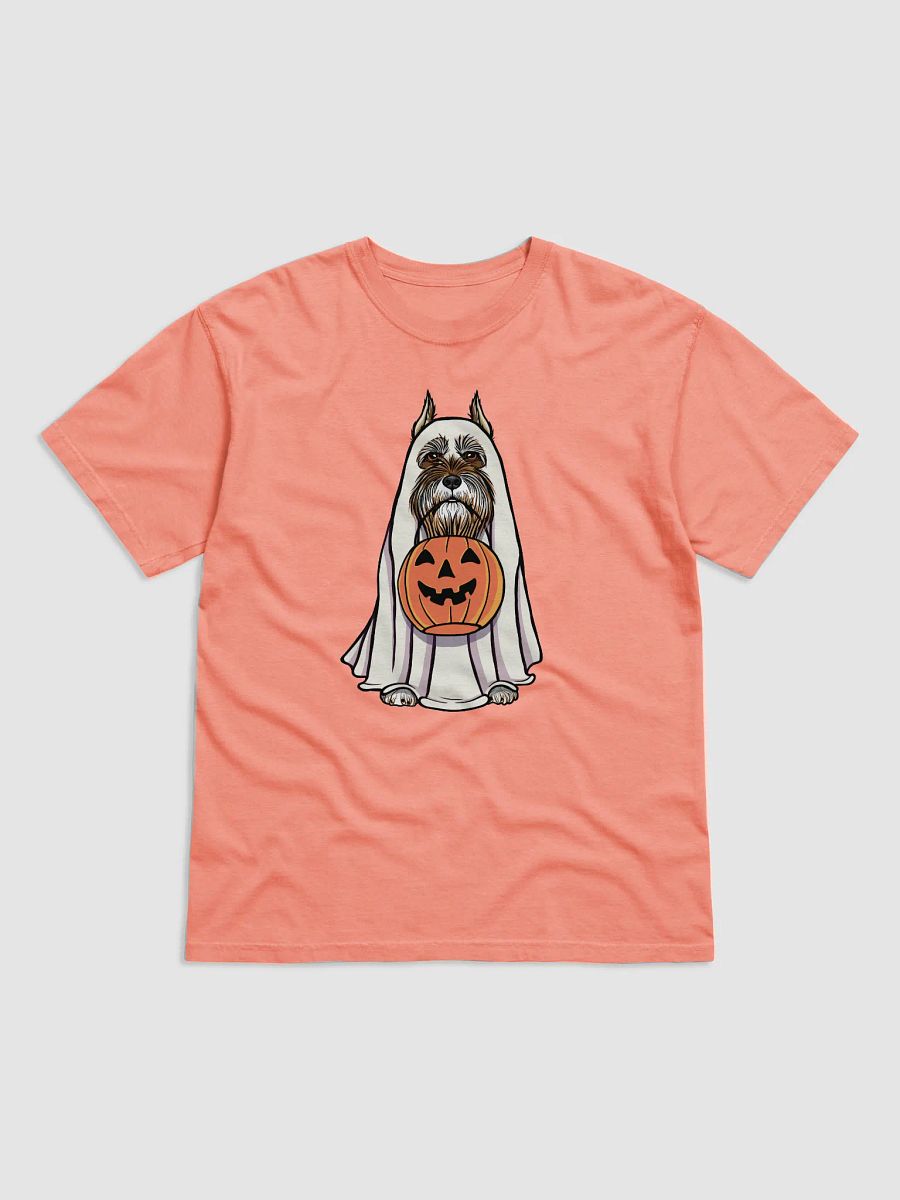 Funny Halloween Schnauzer(Liver, Cropped Ears) T-Shirt | Funny Schnauzer Wearing a Ghost Costume and Holding a Pumpkin Basket product image (22)