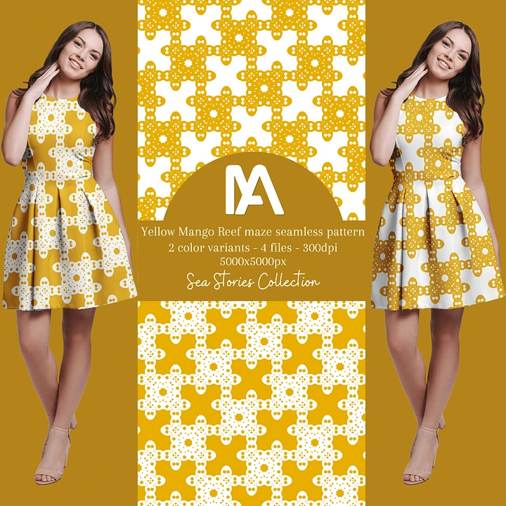 Instant Download - Yellow Mango Reef maze seamless pattern - 2 variants bundle product image (1)