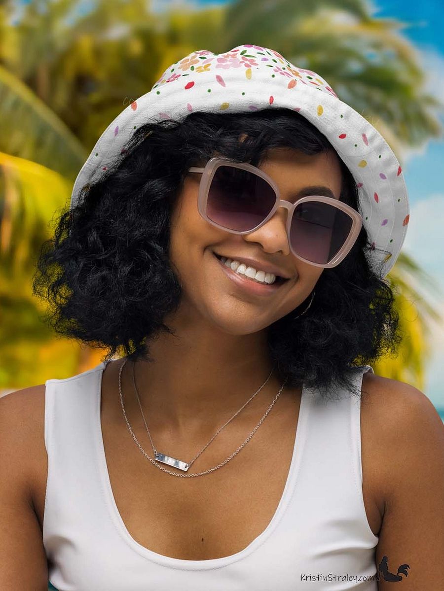 Spring Flowers on White Reversible Bucket Hat with Petal Confetti on White product image (5)