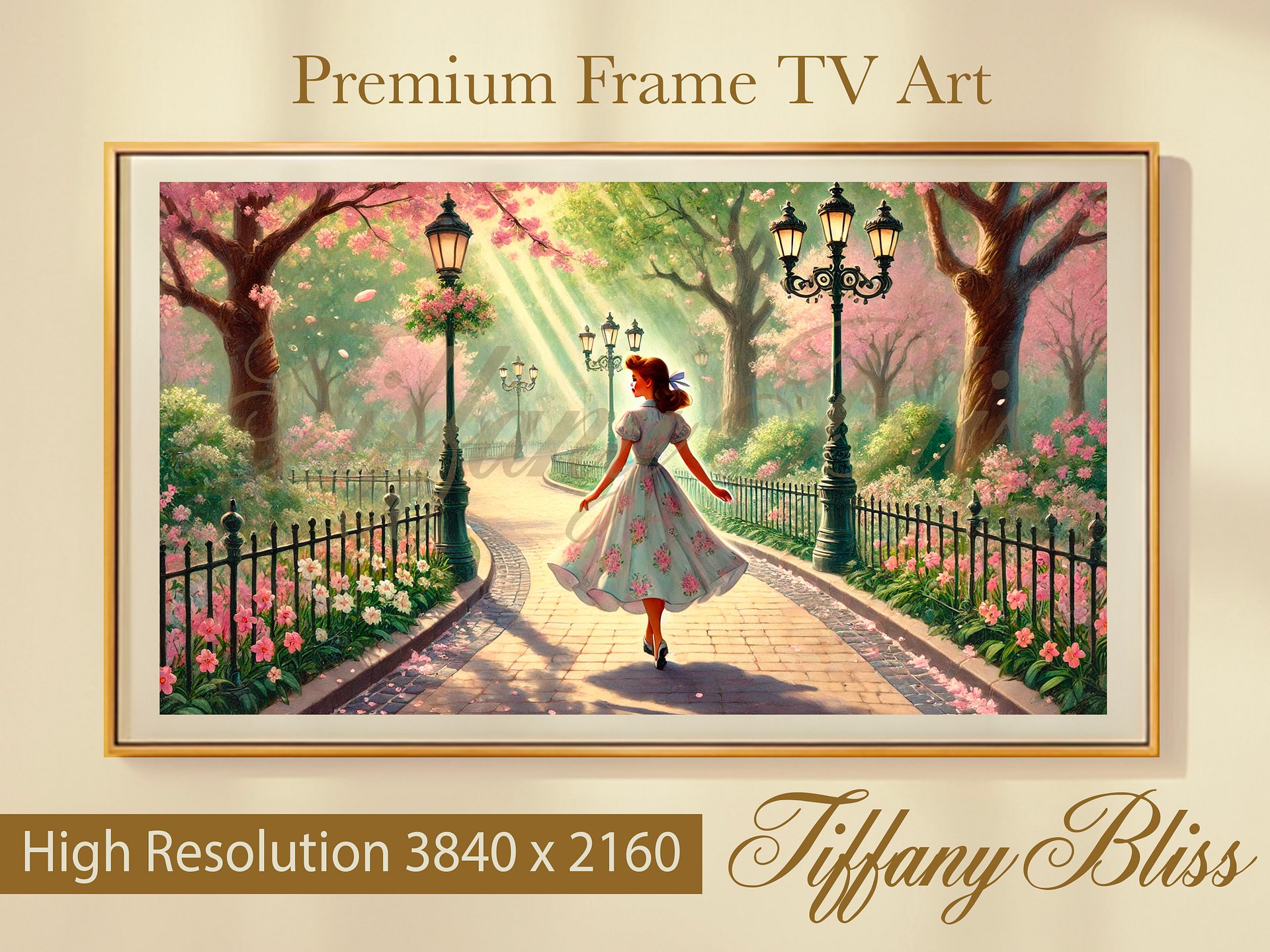 Spring Samsung Frame TV Art, Walk in the Park Painting, Cherry Blossoms, Retro, Vintage Style, Digital Download product image (1)
