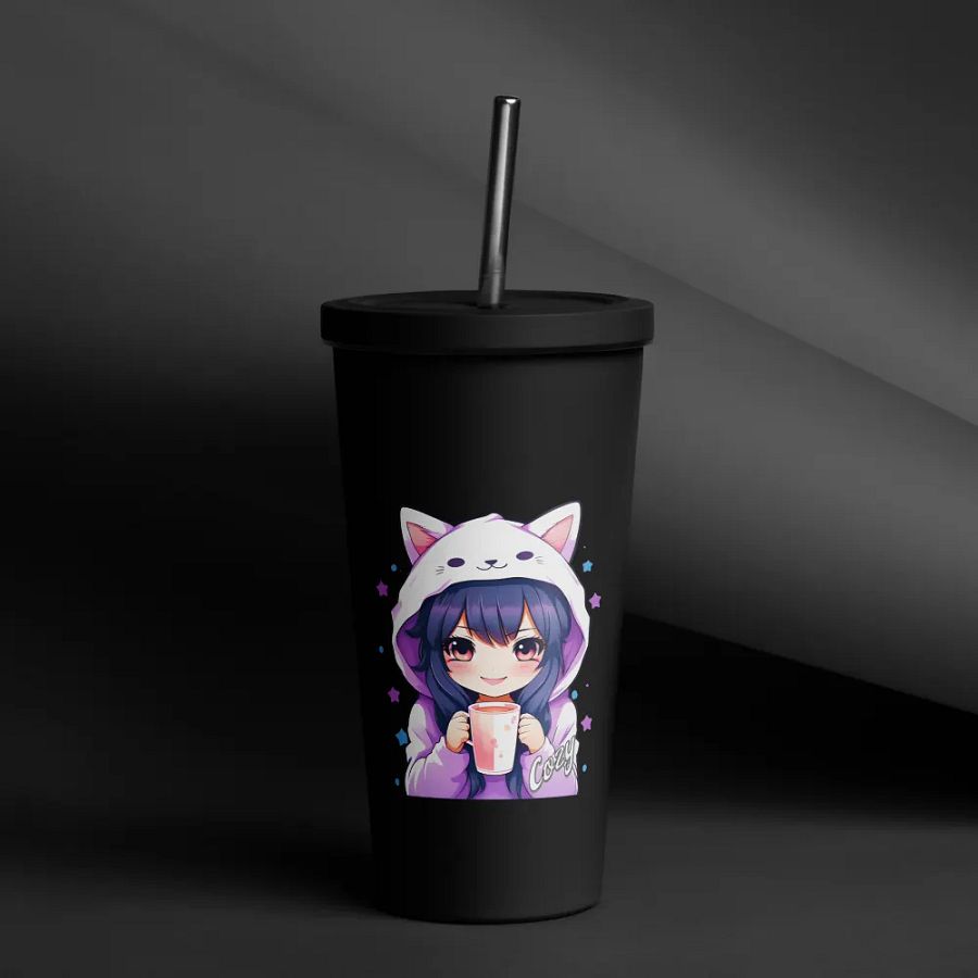 Cozy Kawaii Anime Girl 20 oz Tumbler Cup - Black - Insulated Tumbler with a Straw product image (12)