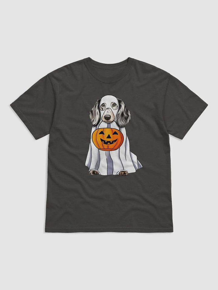Dachshund(Dapple) Halloween Tee | Funny Halloween Wiener/Doxie Wearing a Ghost Costume with Pumpkin Basket product image (7)