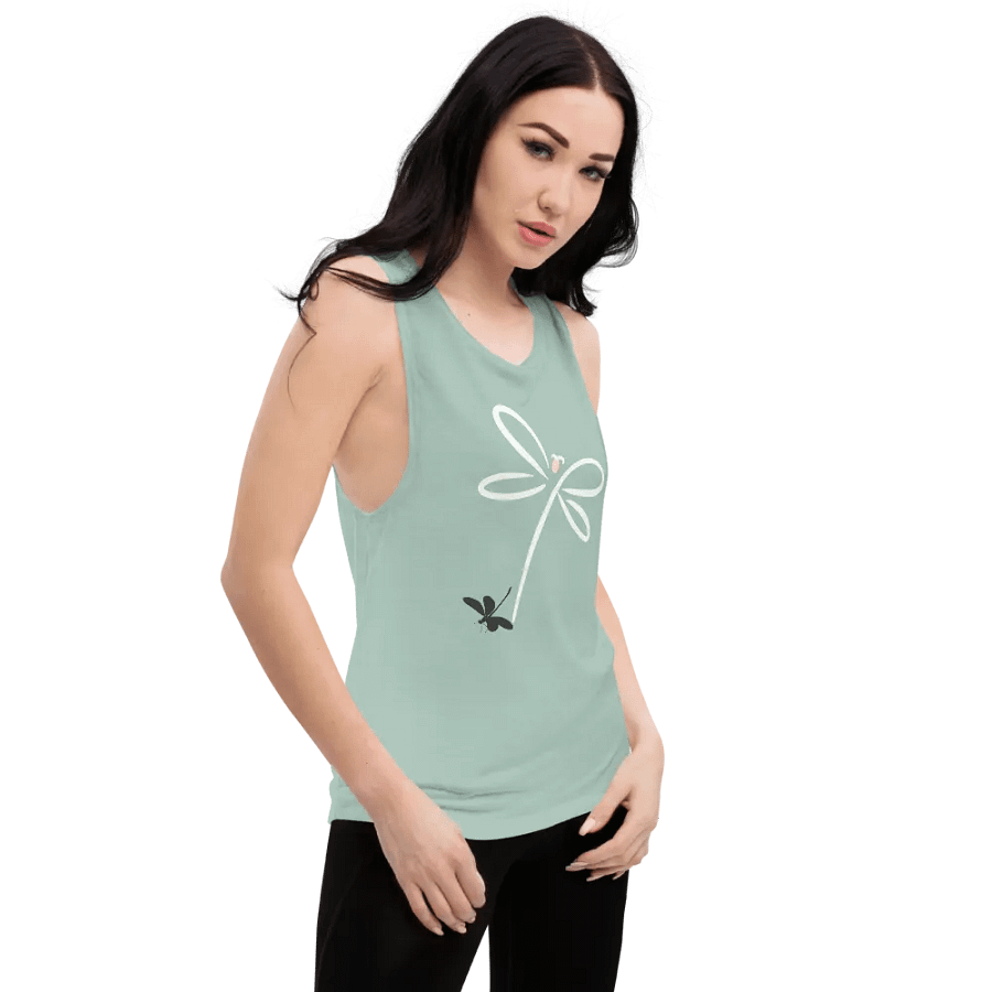 Womens flowy muscle tank top with stylish dragonfly design. Minimilist style product image (10)