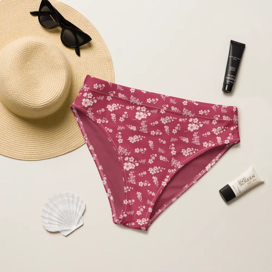 Cherry Blossoms on Magenta Eco-Green High Waisted Bikini Bottoms product image (5)