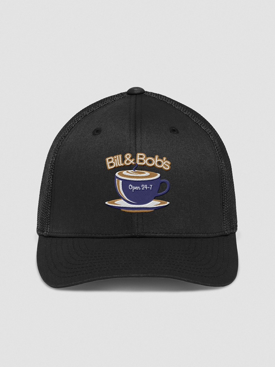 Bill & Bob's Coffee Shop Open 24/7 Trucker Hat, Navy Blue Color Accent product image (1)