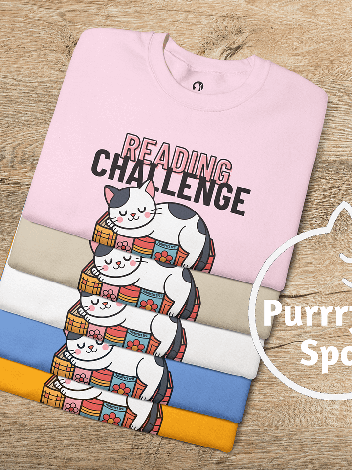 “Reading Challenge” Cozy Cat Book Lover Sweatshirt – Cute Sleeping Cat on Books – Unisex Reading Crewneck product image (2)