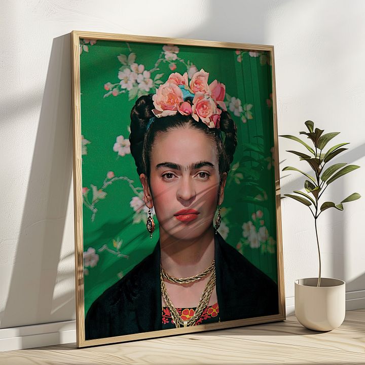 Frida Kahlo Portrait Photo in front of Green Floral Background product image (1)