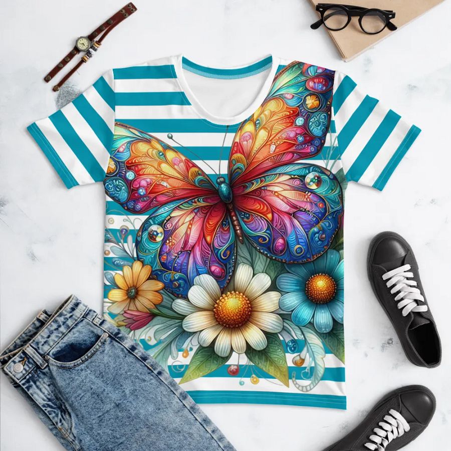 Butterfly Blossom Women's Stripped Teal All-Over Print Tee product image (10)