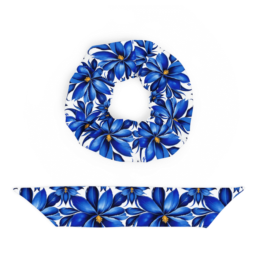 Hair Scrunchie - Painted Blue Flowers on White product image (5)