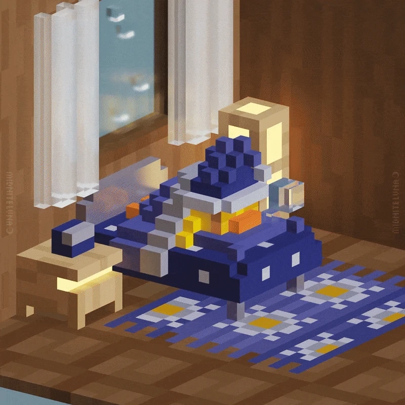 tiny duck with a blue night cap sleeps in bed while it rains outside the window