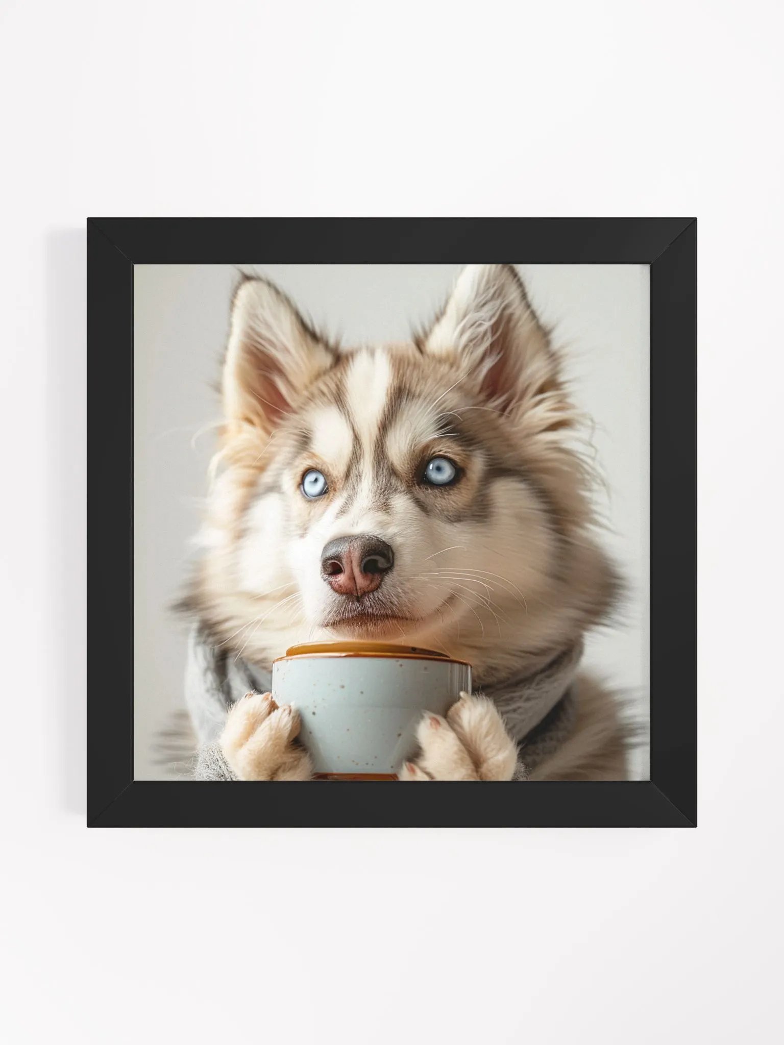 Cute Coffee Lover Blue Eyed Husky Dog Framed Wall Art product image (1)