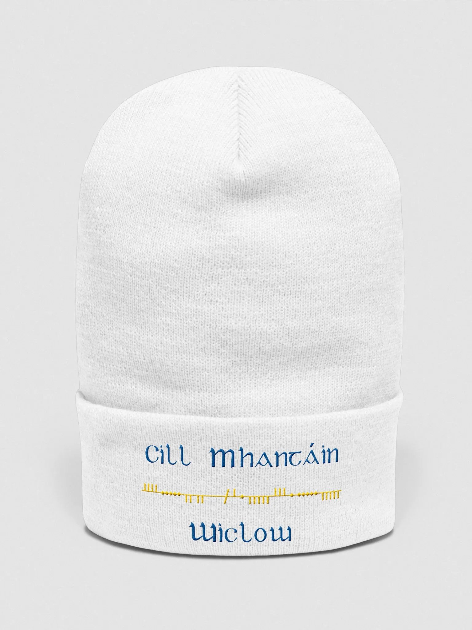 Wicklow/Cill Mhantáin Scholastic style Ogham, white with gold and blue, embroidered Cuffed Beanie product image (1)