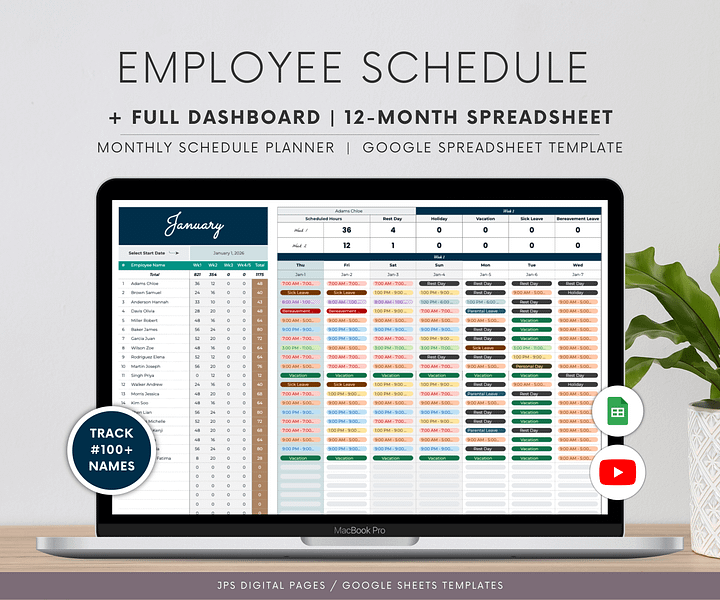 Employee Schedule Template & Dashboard Spreadsheet, Google Sheets Template, Employee Monthly Work Shift Schedule, 2024/2025 Updated Version product image (1)