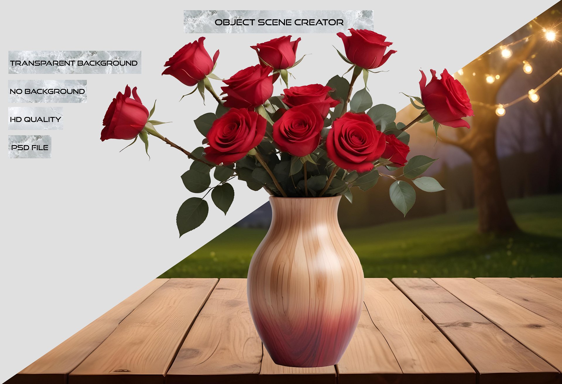 Passionate Red Rose Wooden Vase PNG product image (2)