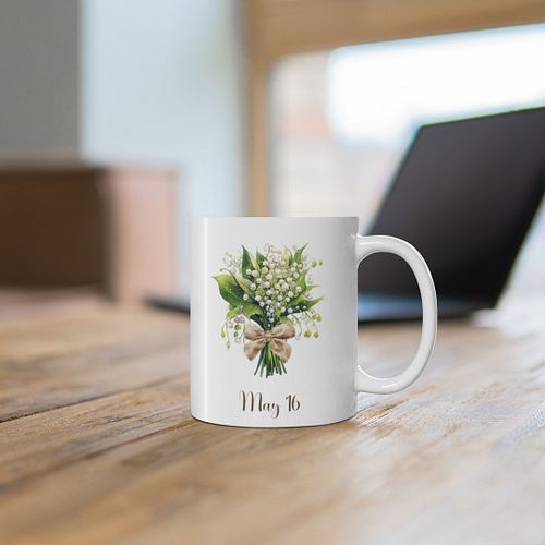 Custom 11 oz. mug depicting lilies, the birth month flower for May.  Make it even more special by adding a personalized touch...