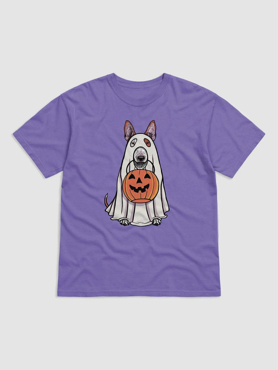 Funny Halloween Bull Terrier(Red) T-Shirt | Funny Dog Wearing a Ghost Costume and Holding a Pumpkin Basket product image (27)