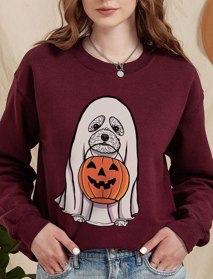 Funny Halloween Bichon Frise Sweatshirt | Funny Bichon Frise Wearing a Ghost Costume and Holding a Pumpkin Basket product image (10)