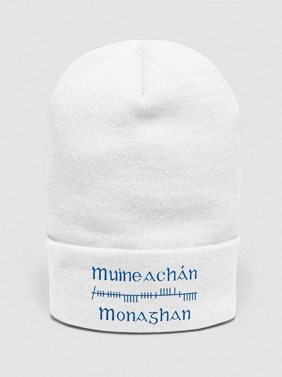 Monaghan/Muineachán Orthodox style Ogham, white with blue, embroidered Cuffed Beanie product image (1)