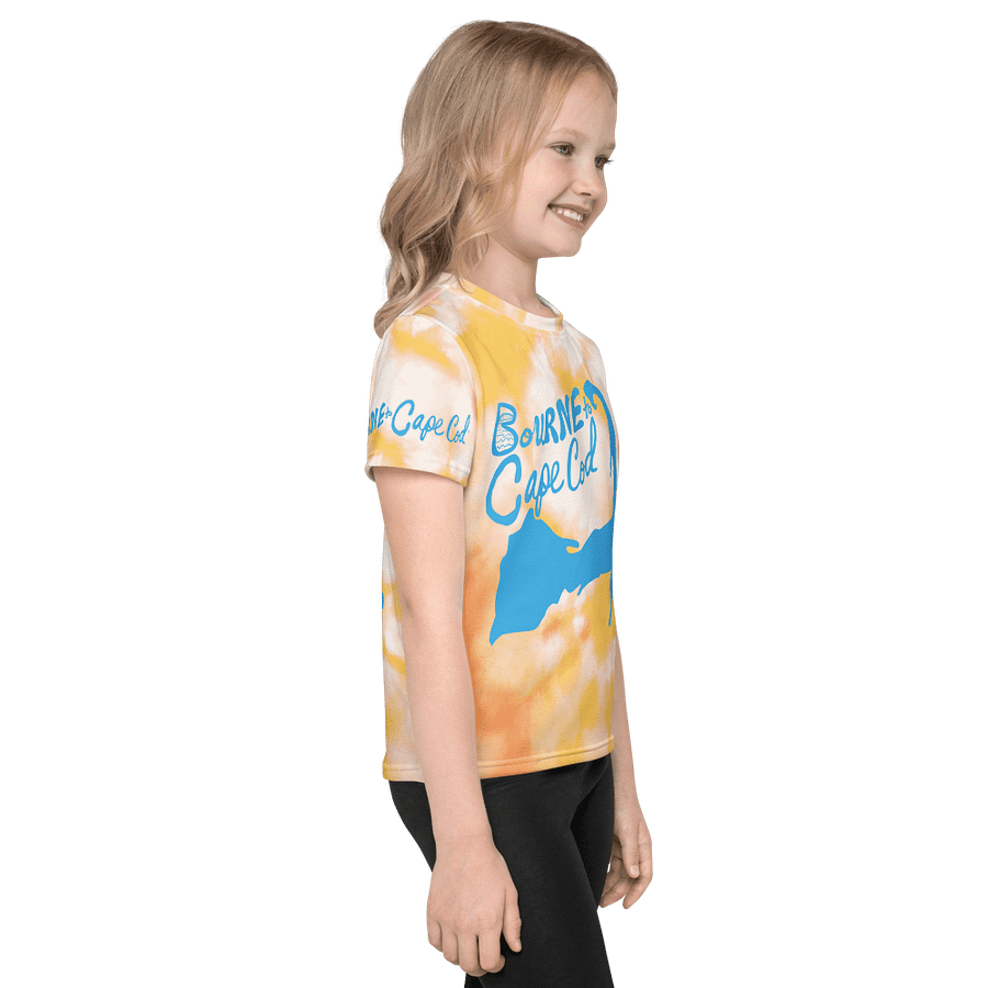 Girls' | Little Kids T-Shirt | BOURNE to Cape Cod™ | Front & Sleeve Logo | BRN.2C.C.™ Back Graphic | Vibrant Coastal Tee for Kids | Blue Logo on Orange Tie-Dye product image (4)