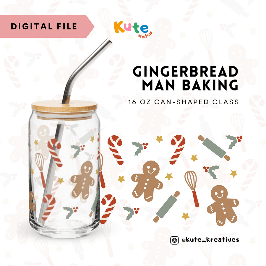 [Digital File] 16oz Can-Shaped Glass Wrap PNG | Gingerbread Man Baking product image (1)