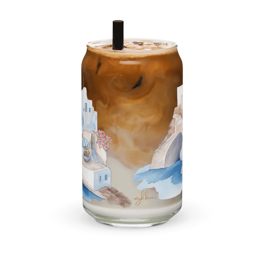 Santorini Dreaming Glass Can Tumbler | 16oz | Greek-Inspired Beverage Glass with Bamboo Lid & Straw product image (11)