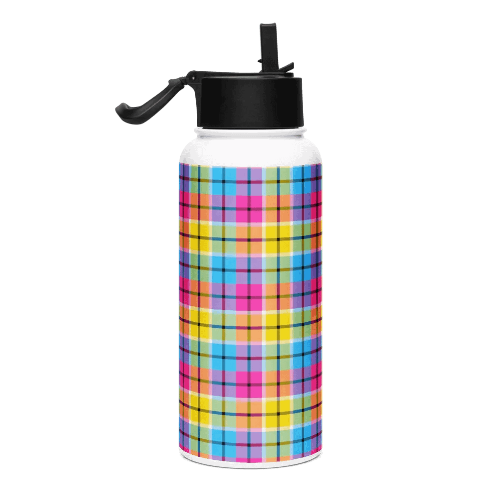 Hot Pink, Turquoise, and Yellow Plaid Water Bottle product image (1)