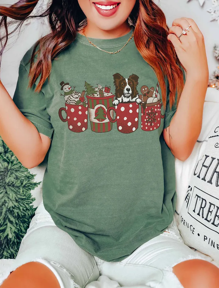 Cute Border Collie(Brown) in a Christmas Cup T-Shirt | Funny Christmas Pup in a Cup product image (16)