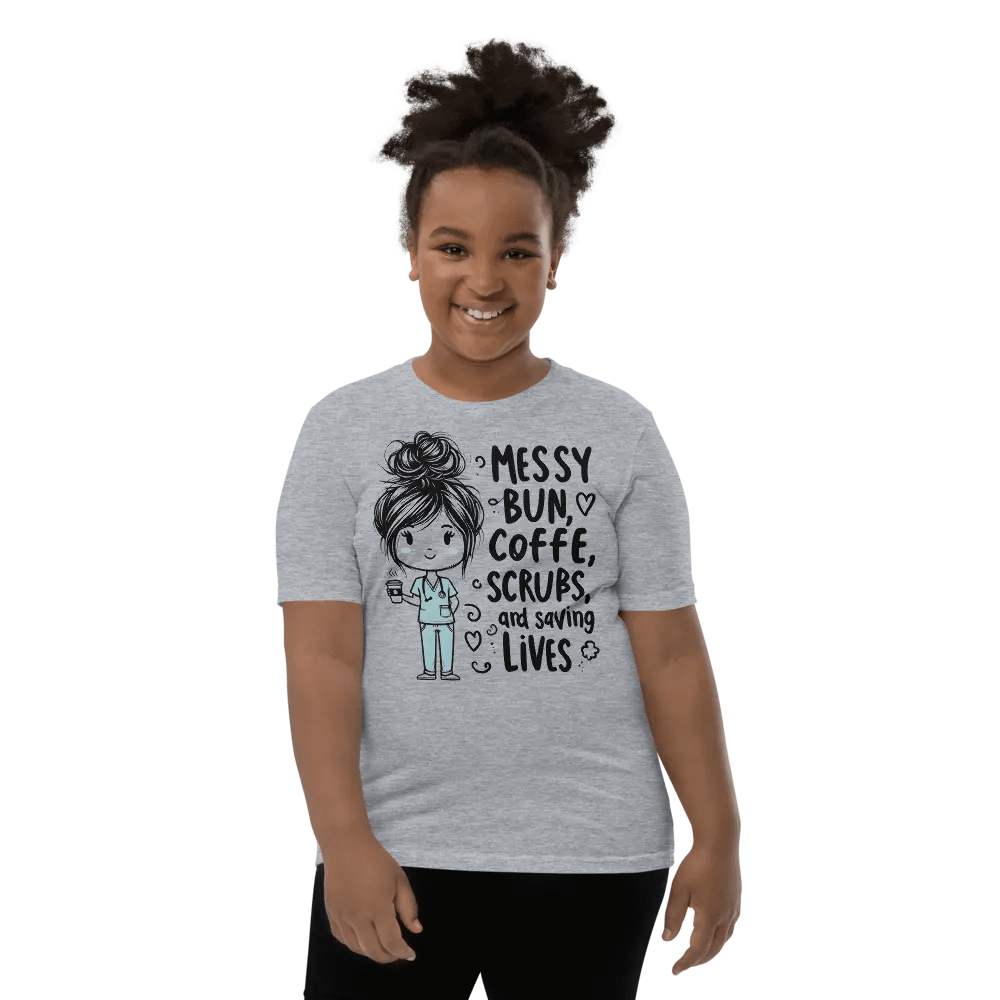 Messy Bun, Coffee, Scrubs, and Saving Lives Youth T-Shirt product image (69)