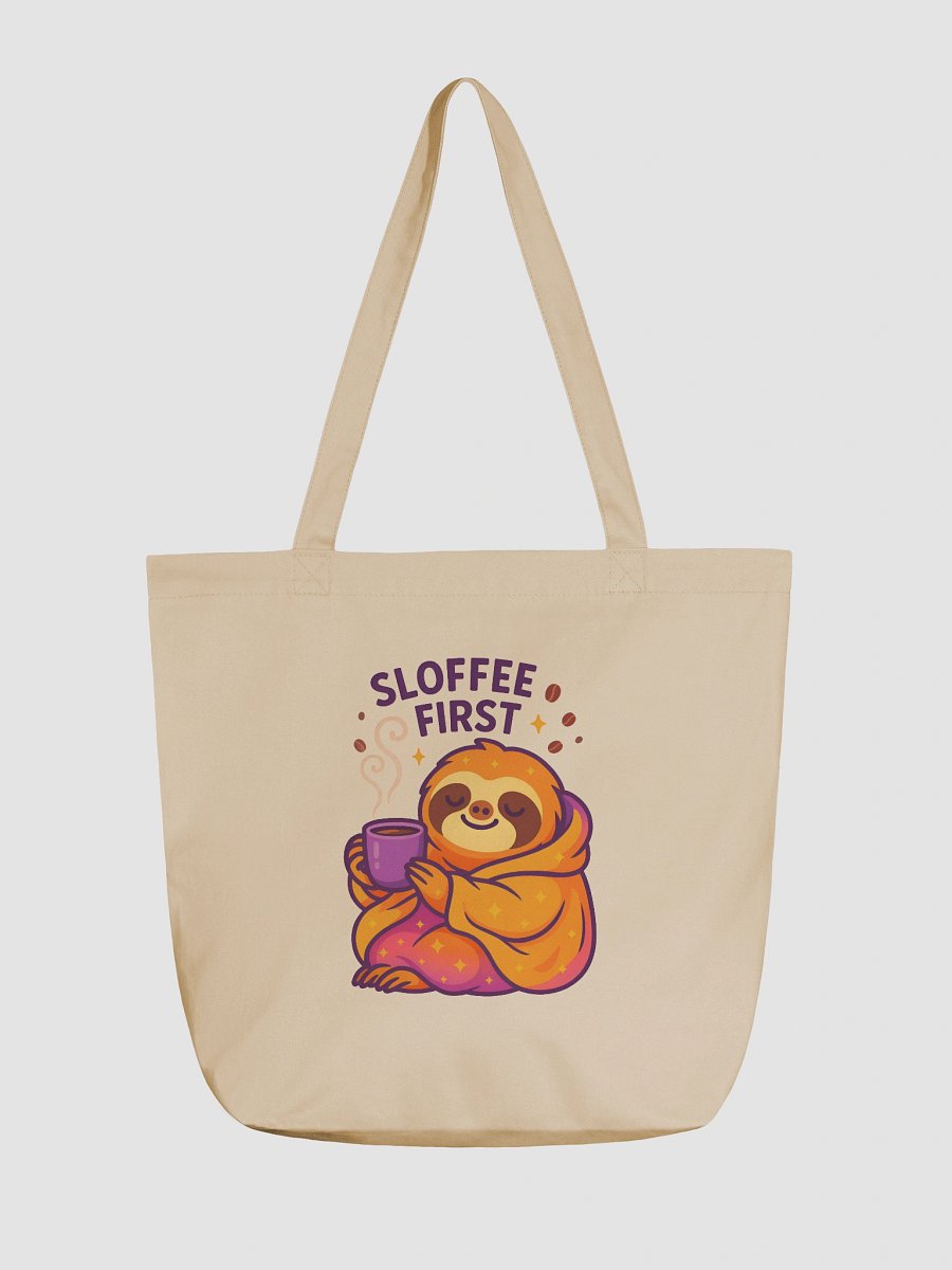 Sloffee First – Funny Sloth Coffee Tote Bag (Double-Sided Print) | Eco Cotton Tote for Caffeine Lovers – Sloths Having Snacks Collection product image (1)